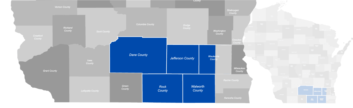 map of Wisconsin with blue highlighted counties where WPM serves